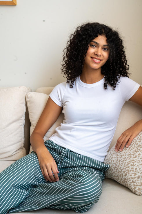 Women summer pajama set Off White T-shirt + Green X White Spaced Stripes Pants